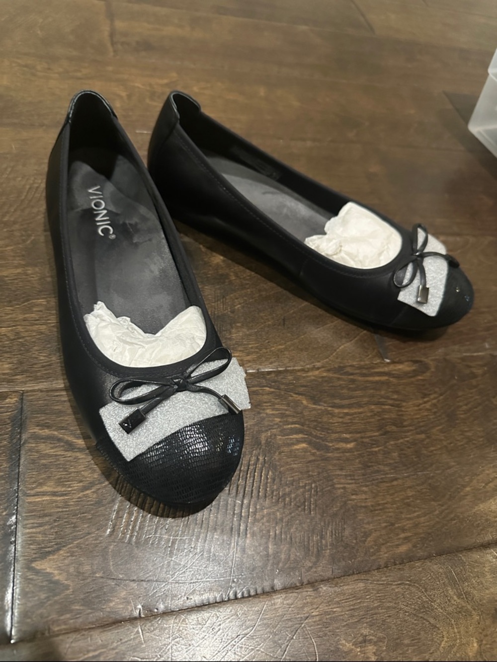 Vionic Black Ballet Flats with Silver Bow Accent